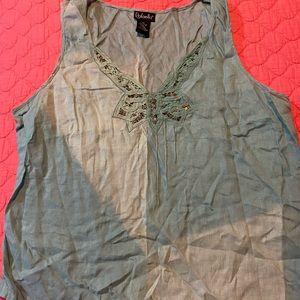 Teal washed out around the to embroidered tank top
